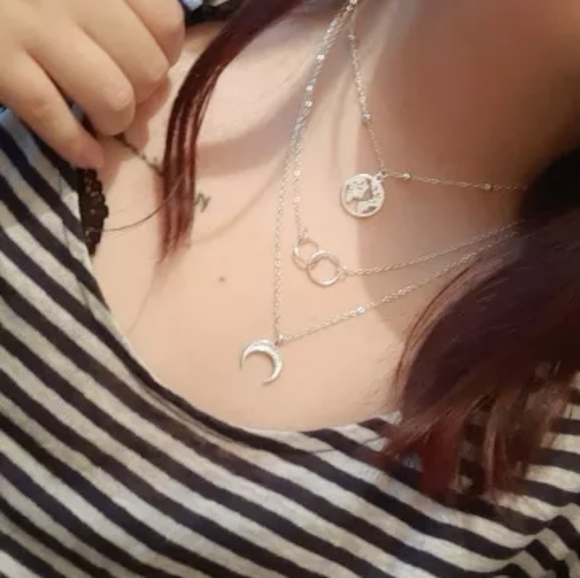 NEW Silver Boho Trendy Choker Multilayer Earth Map Circle Horn Pendant Necklace - Picture 11 of 16